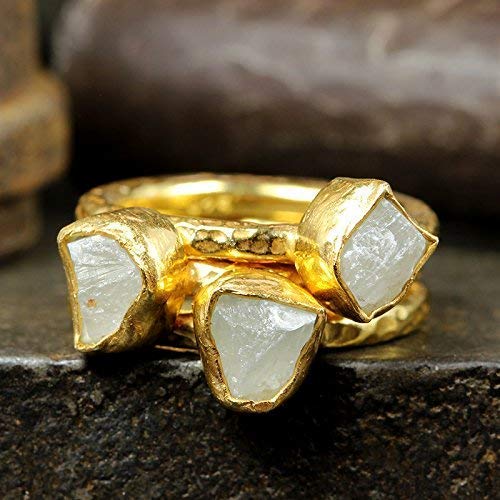 Amazon Com Natural Raw Aragonite Stackable Ring Set Hammered 24k Yellow Gold Vermeil 925 Sterling Silver Set Of Three Rough Gemstone Stacking Set Handmade