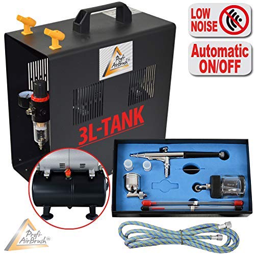 Profi Airbrush Set - Zweizylinder Kompressor Duo-Power II-C Mit Schutzgehäuse, Universal-Pistole Double-Action Inkl. 3 Düsen Und Druckluftschlauch. Basis-Ausstattung Zum Top Preis – Bild 7