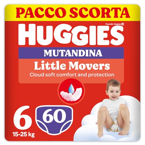 Huggies Little Movers Pannolini Mutandina Taglia 6 (15-25 Kg), Ultra assorbente, Protezione completa, Pacco Scorta, 60 Pz