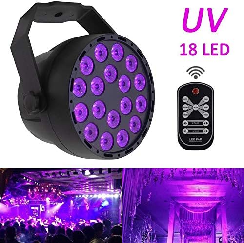 Black light UV LED Stage Light Par 7 Modes Lights 18 x 3W LED Par Lamp DMX 512 DJ Spotlight Sound Activated Mini Projector with IR Remote for Parties Stage KTV Bar Club Dsico Lighting