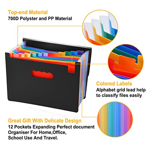 12 Pockets Expanding File Folder, AGPtEK A4 Document Organizer with Tabs and Bungee Closure, Expandable Bottom Stand & Colored Labels - Black