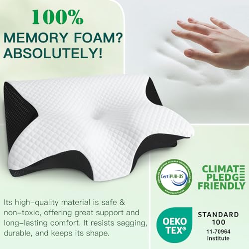 FEYIDEO Cervical Pillow, 2 in 1 Ergonomic Memory Foam Pillow Pillows for Neck Side Sleeper, Back and Mouth Down, 60 x 40 x 12/14 cm (Black)