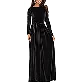 BestGirl Women's Velvet Maxi Dress Crew Neck Long Sleeve High Waist with Belt Cocktail Party Bridesmaid Dresses