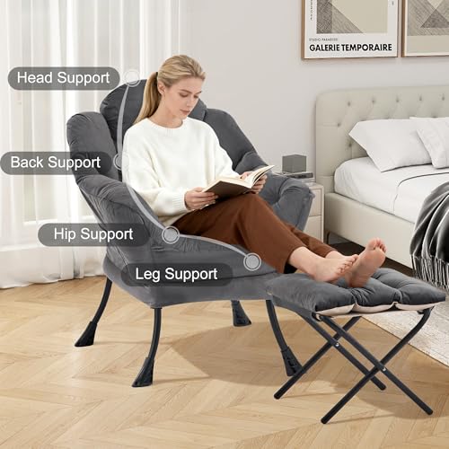 Zedachica Lazy Chair with Ottoman, Modern Upholstered Accent Armchair with Foot Stool, Lounge Reading Chair for Adults, Leisure Living Room Chair with Side Pocket for Bedroom, Dorm, Darkgrey