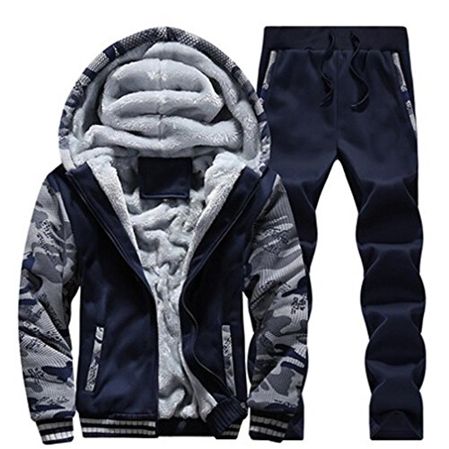 Men Suit, ღ Ninasill ღ Autumn&Winter Tracksuit Warm Fleece Sport Hooded Sweatshirt Coat Hoodies+Pants Sweat Suit (XL, Blue)