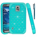 Galaxy S5 Active Case, Style4U Galaxy S5 Active Studded Rhinestone Crystal Bling Hybrid Armor Case Cover for Samsung Galaxy S5 Active G870 with 1 HD Screen Protector and 1 Stylus (Not for Samsung Galaxy S5) [Teal / Mint Green]