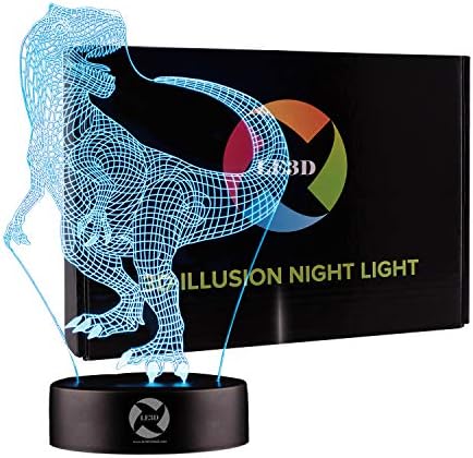 LE3D 3D Optical Illusion Night Light - 7 LED Color Changing Lamp - Cool Soft Light Safe for Kids - Creates Great Dreams - Raptor Dinosaur