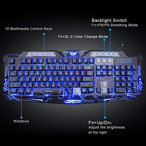Gaming Keyboard, BlueFinger Mechanical Computer Keyboard USB Wired LED 3 Color Red/Blue/Purple Backlit Gamer lighted Keyboard with Customized MousePad - Thumbnail 4