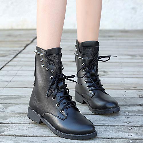 Hunzed Women【Leather Round Toe Lace-Up Boots】Women Military Knit Ankle Cuff Low Heel Combat Boots (5.5 M US, Black)
