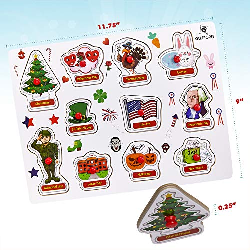 Gleeporte Wooden Peg Puzzle, Holiday Theme - Learning Educational Pegged Puzzle for Toddler & Kids (11 pcs)