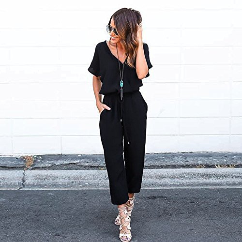 Chanyuhui Jumpsuits for Women Solid V Neck Long Pants Bandage Clubwear Romper Jumpsuit Bodysuit (M, Black)