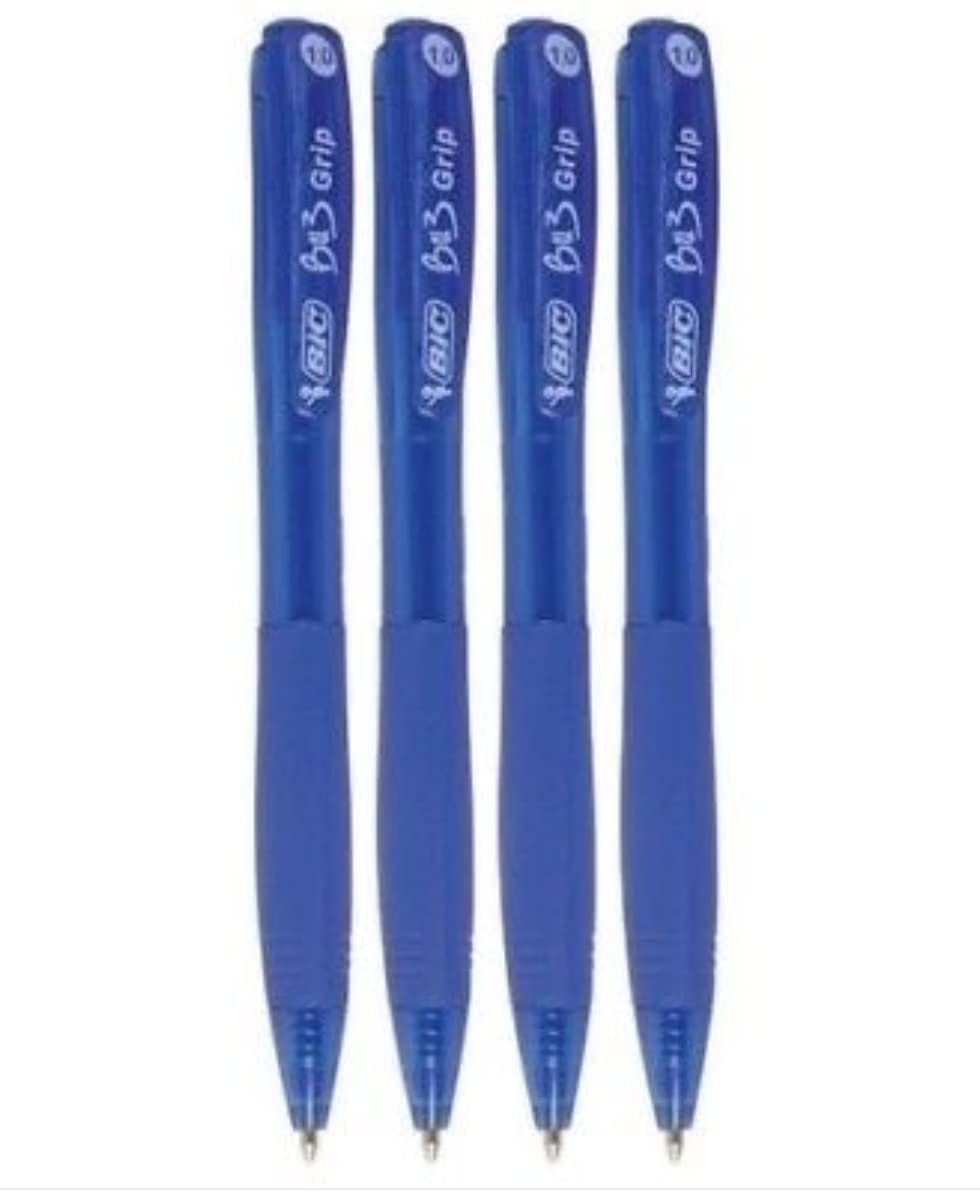 Bic Bu3 Grip 1.0 Blue Retractable Ball Pen 4 Pack Stationery