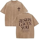 Jesus Loves You Shirt for Men Oversized Christian Tshirts Unisex Casual Jesus Cross Graphic Tee Vintage Acid Wash Tops