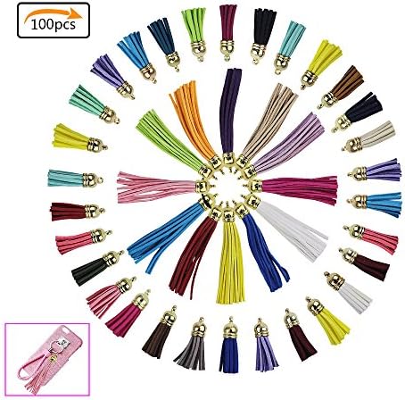 Purture Leather Tassel Pendants Imitation Suede Tassel 40MM and 80MM Combination Leather Tassel with Gold Caps for Jewelry Making Keychain Straps Earring DIY Accessory(100 Pieces)