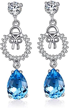 Sterling Silver Pear-shaped Blue Crystal Stud Long Dangle Earrings (Blue)