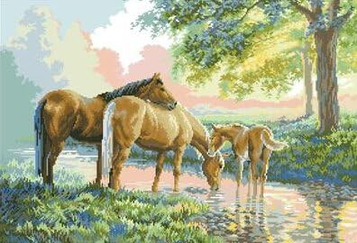 Qihu's 5d Crystal Diamond Painting DIY Counted Paint By Number Kits, Horse Family Drinking Water