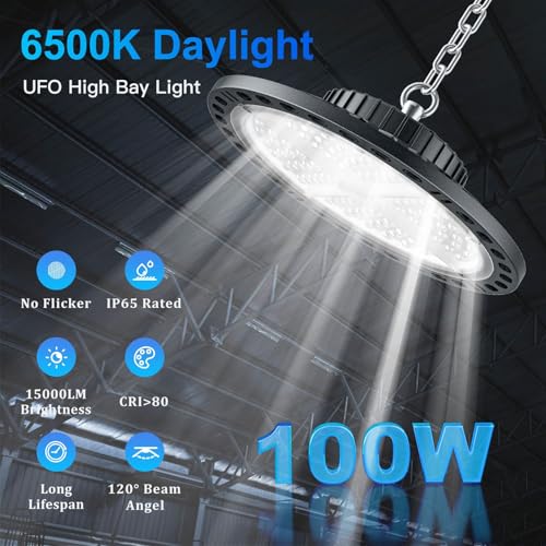 ANNIFUNLY 100W UFO LED High Bay Lamp, 2 Packs 10000LM LED Floodlights Industrial Ship 6500K Cool White, IP65 Waterproof High Bay Lights for Ceiling Workshop, Garage, Factory, Warehouses, Stadium