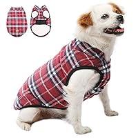 Kuoser British Style Plaid Dog Winter Coat, Windproof Water Repellent Cozy Cold Weather Dog Coat Fleece Lining Dog Apparel Dog Jacket Dog Vest for Small Medium and Large Dogs with Pocket Red L