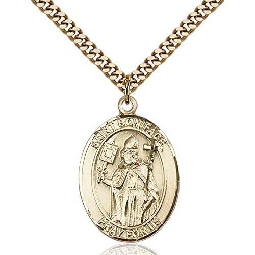 Gold Filled St. Boniface Pendant 1 x 3/4 inches with Heavy Curb Chain