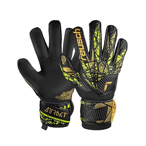 Reusch Attrakt Infinity Finger Support Goalkeeper Gloves for Adults Ideal for Artificial Grass, 10, Black/Gold/Yellow