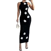 GORGLITTER Women's Long Maxi Dresses 3D Floral Crewneck Sleeveless Knit Bodycon Wedding Guest Sun Dress 2025