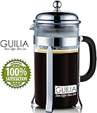 Classic French Coffee Press & Tea Maker 34OZ/8cup, 2 BONUS Replacement Filters, DOUBLE Stainless Steel Filter and Plunger from GUILIA (Chrome)