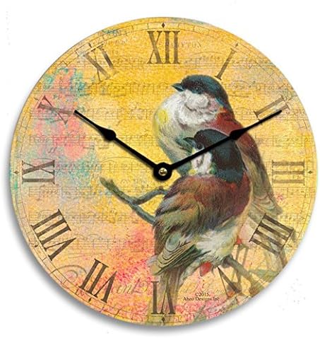 Vintage shabby chic or Victorian Catherine Klein birds 10 inch kitchen wall clock. Yellow, red and blue background.