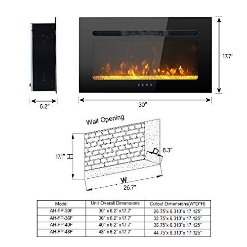 PHI VILLA 30 Inch Electric Fireplace Inserts, Wall Mounted & Recessed