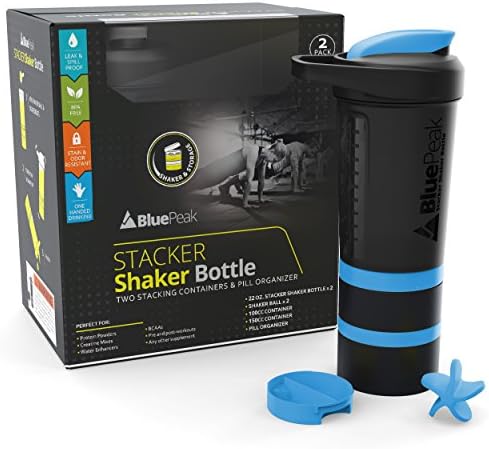 BluePeak Stacker Protein Shaker Bottle 22-Ounce, 2-Pack ProStak. Attachable Storage Containers (100 & 150cc) and Pill Tray Included. BPA Free