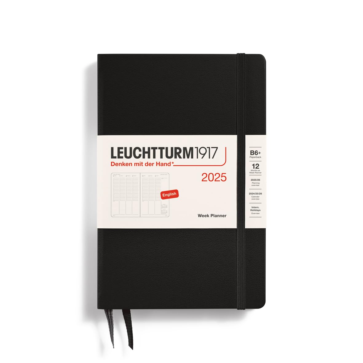 LEUCHTTURM1917 371020 Weekly Planner 2025, Paperback B6+ Hardcover - 12-Month Calendar, Lined - Black, English