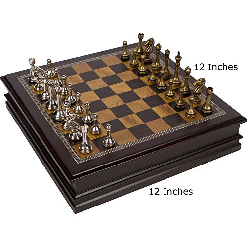 Grace Chess Inlaid Wood Board Game with Metal Pieces - 12 Inch Set
