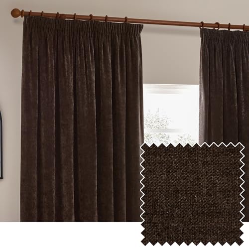 Furn. Yard Heavy Chenille Pliegue de Lápiz Cortinas - Cortinas de Terciopelo Suave Que filtran la luz (Marrón - 168x229cm)