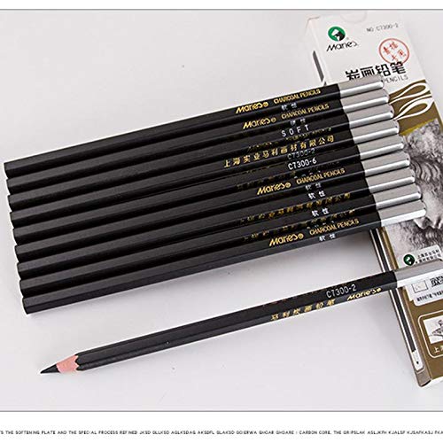 Maries 12Pcs/Box Soft/Neutral/Hard Non-Toxic Charcoal Pencil Black Sketch Drawing Pencils for School C7300-6 (Medium)