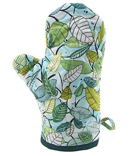 Cotton Fabric Oven Mitt, Insulated Pot Holder - Green Leaves on Aqua Blue