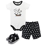 Hudson Baby Unisex Baby Bodysuit, Pants/Shorts and Shoes, Pirate 3-Piece Set, 9-12 Months (12M)