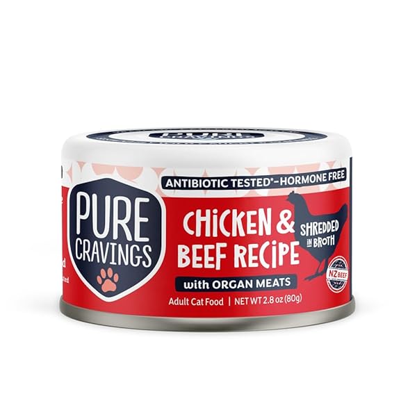 PURE CRAVINGS, CHICKEN & BEEF RECIPE WITH ORGAN MEATS SHREDDED IN BROTH CANNED CAT FOOD, 3 OUNCE