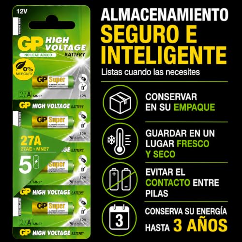 GP Pilas 27A Super - Lote de 5 | Pilas Alcalina 27 MN27 12V | Energía Duradera, Rendimiento Excepcional