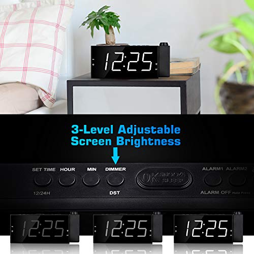 OnLyee Projection Ceiling Wall Clock, Alarm Clock, 7" LED Digital Desk/Shelf Clock with Dimmer, USB Charging, AC Powered and Battery Backup for Bedroom, Kitchen, Kids