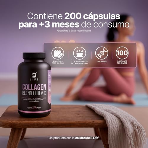 Colágeno Hidrolizado Tipo I, II, III, V y X | 200 Cápsulas 1000 mg por porción | Adicionado con Vitamina C y Ácido Hialurónico. Collagen Blend I, II, III, V X. B Life