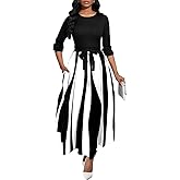 BubFee Long Dress for Women Casual Long Sleeve Dresses Maxi Dress Empire Waist Loose with Belt