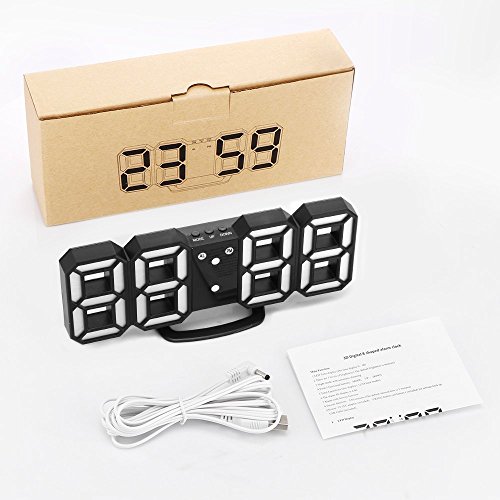 LED Digital Alarm Clock For Desk / Shelf / Tabletop, Modern Home Decoration 3D Wall Clock, Easy To Read at Night, Loud Alarm and Snooze, Big Digit Display (Black Frame, White Light) - Thumbnail 6