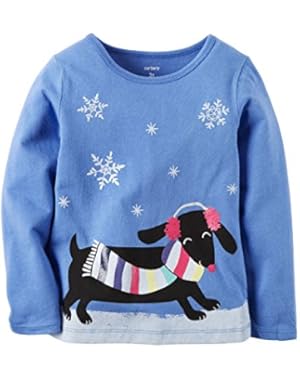 Girl Long Sleeve Snow Dog Graphic Tee; Royal Blue