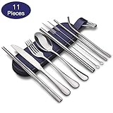 Travel Reusable Utensils with Case, Portable Silverware Flatware Cutlery Utensil Set, 11-Piece including Silver Stainless Steel Knife Fork Spoon Chopsticks Cleaning Brush Straws, Hang Buckle