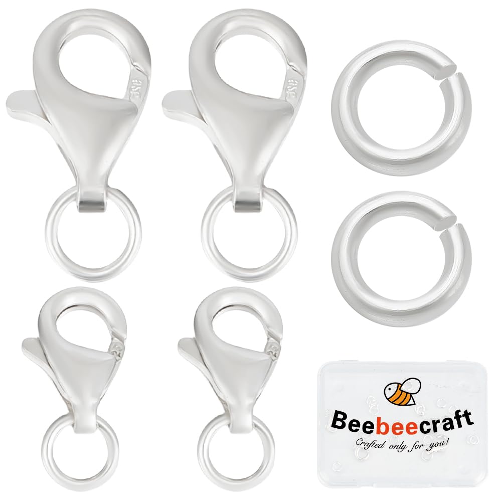 Beebeecraft 6Pcs 9.5/13mm 925 Sterling Silver Lobster Clasps for Jewellery Making, Lobster Claw Clasps with 12Pcs 4mm Open Jump Rings for Necklace Bracelet Jewelry Making Findings