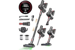 PRASKY Cordless Vacuum Cleaner, 6-in-1 Lightweight Stick Vacuum with 45mins Runtime, LED Display & Light, Self-Standing, Rechargeable Cordless Vacuum for Carpet, Tile, Pet Hair, Hardwood Floors (Black)