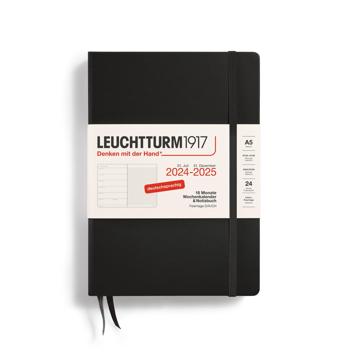 LEUCHTTURM1917 370613 Weekly Calendar & Notebook Medium (A5) 2025, 18 Months, Black, German