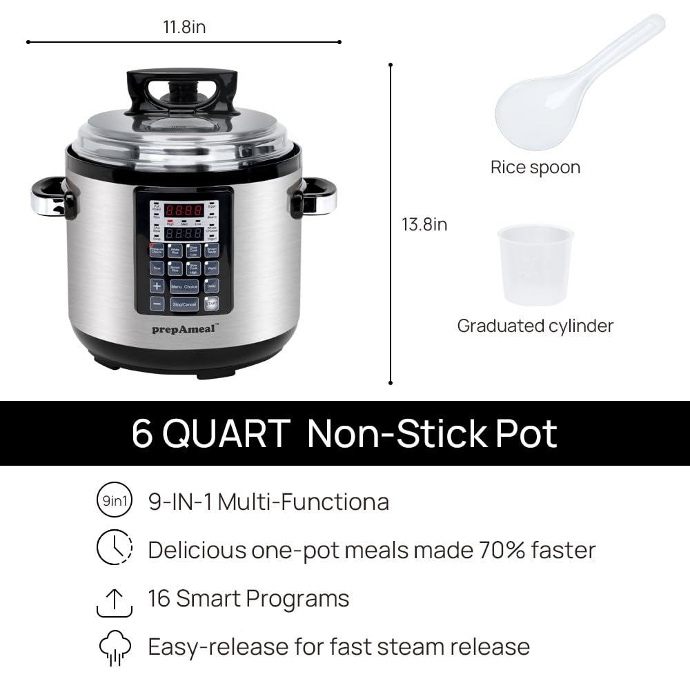 9-in-1 Electric Pressure Cooker 6QT Multi-Functional Programmable Non-Stick Pot, Slow Cooker, Rice, Steamer, Sauté, Yogurt Maker, Warmer, 6 Quart