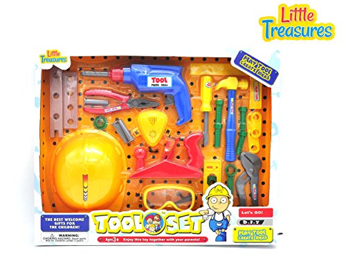 Fun Tool Set - Best welcome gift for children of age 3+ - working drill, working cap, hammer, screws, pliers, nails, and wood planer in an educational game for preschoolers and parents together