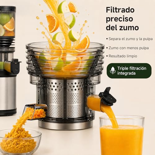 AMZCHEF Extractor de Zumos 158 mm Boca XXL, Licuadora de Prensado en Frío para Frutas y Verduras, Slow Juicer 2L con Vaso de Pulpa y Vaso de Zumo, Fácil Limpieza, Motor Silencioso, Acero Inoxidable