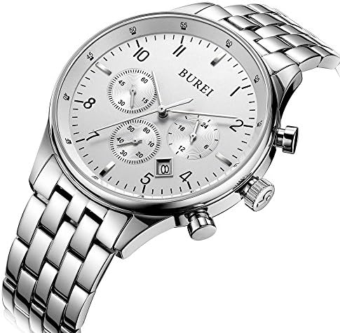 BUREI Mens Classic Wrist Quartz Watches with White Dial Date Mineral Metal Band